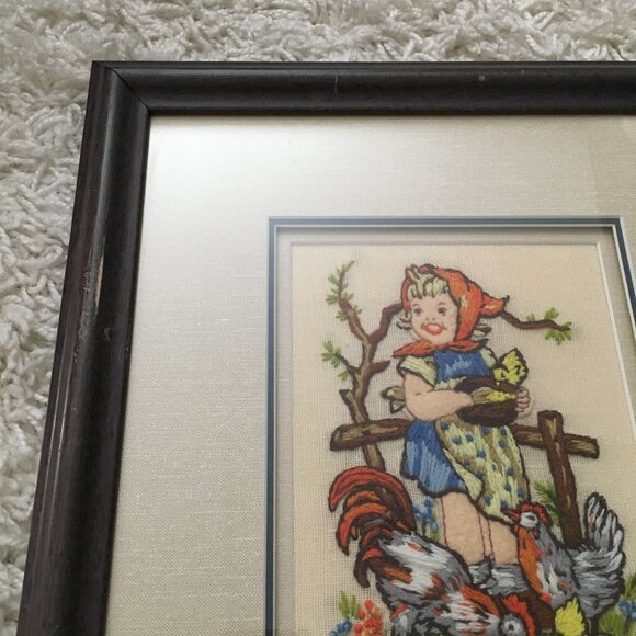 Vintage Hummel Needlework Girl Feeding Chickens Fowls 3-D Embroidery Framed - Picture 6 of 12
